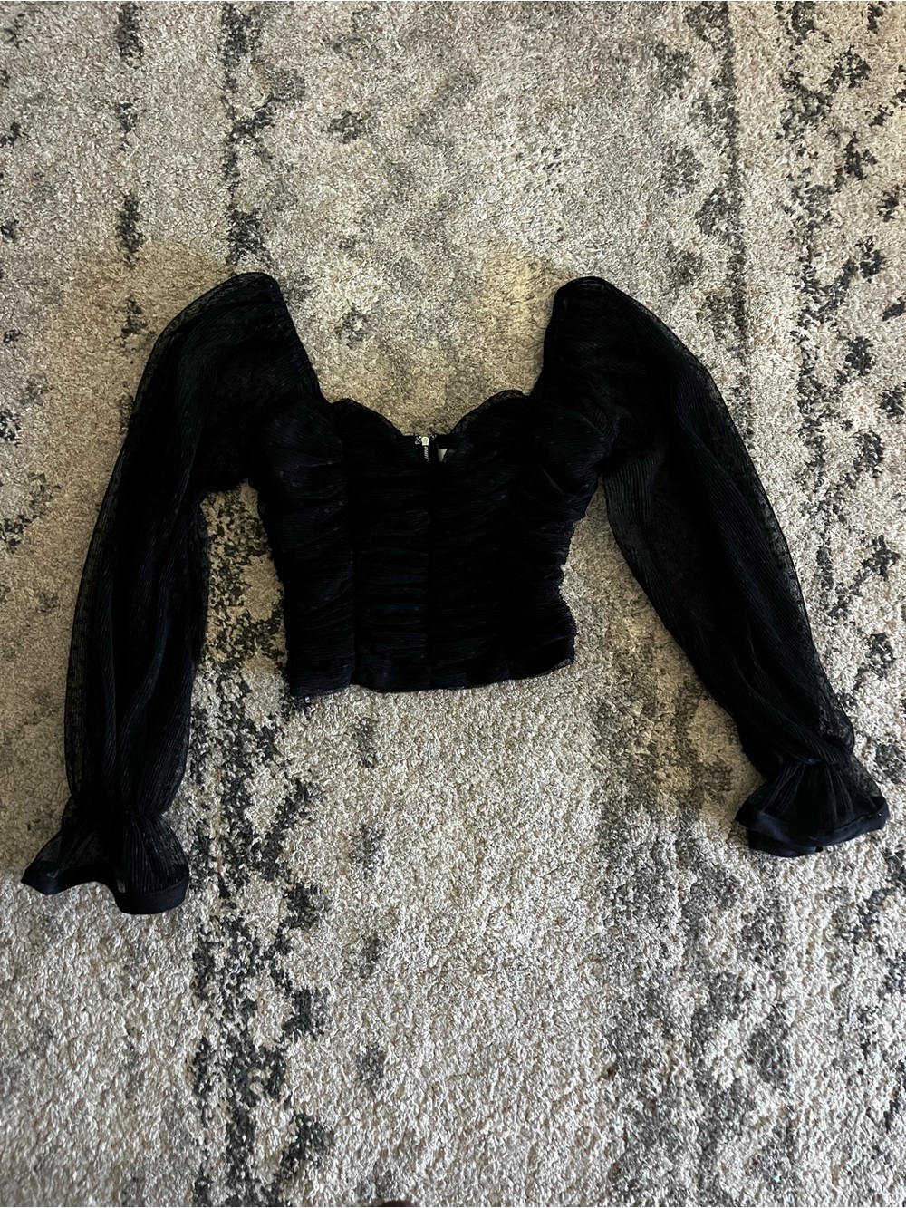 Ruched Black Puff-Sleeve Cropped Top